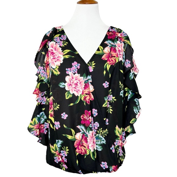 Umgee Tops - Umgee Cold Shoulder Slit Sleeve Ruffled Black Pink Floral Print Surplice Blouse